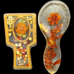 Lucite Acrylic Dried Pressed Flower Spoon Rests, 6" 8" Vintage Brown Floral Boho